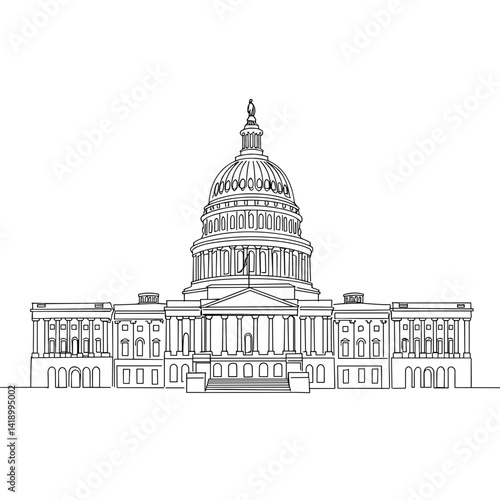 Line drawing of the United States Capitol building showcasing architectural details on a white background