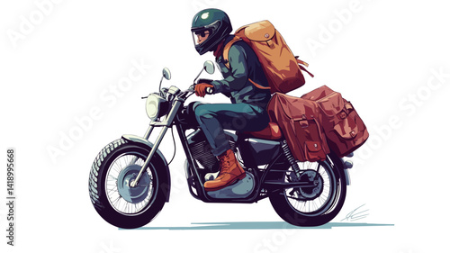 A stylized digital illustration of a motorcyclist on the move. The illustration is brightly colored and highly saturated. The motorcyclist is wearing a helmet and holding a large.