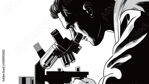This high-contrast monochrome illustration depicts a scientist concentrating on looking into a microscope. The image uses stark black and white to create a strong sense of depth and light and shadow.
