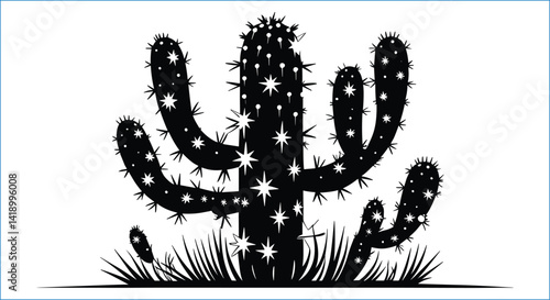 Black Silhouette Of Cactus With Spines And Grass Vector Illustration