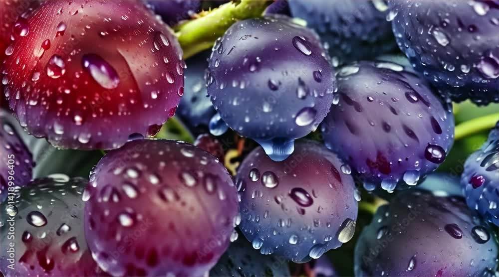 Fresh Grapes with Water Droplets: Red and Purple, Close-Up Of Healthy Purple Grapes in Droplets.
Fresh Grapes with Water Droplets: Red and Purple, Close-Up Of Healthy Purple Grapes in Droplets.