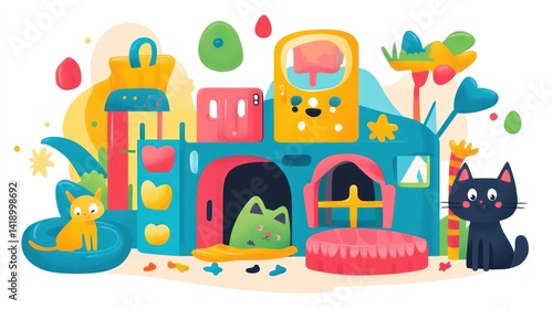 Colorful cat playground with happy cats playing.