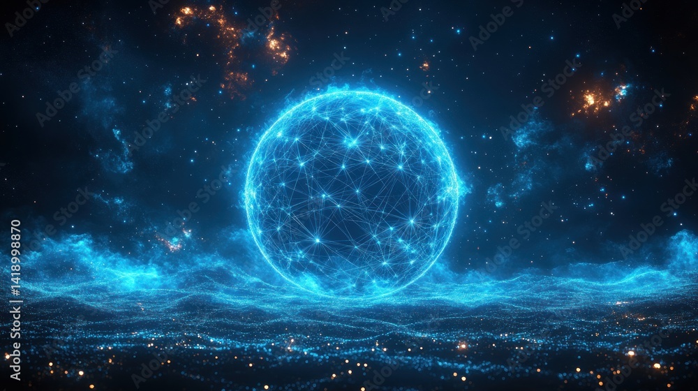 Futuristic digital network sphere with glowing blue nodes and lines in wireframe style on dark background Futuristic digital network sphere with glowing blue nodes and lines in wireframe style on dark background