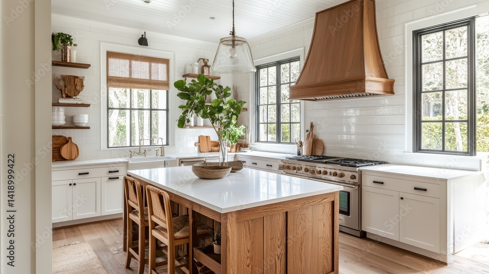 Fototapeta premium A bright and airy kitchen with island seating and decor