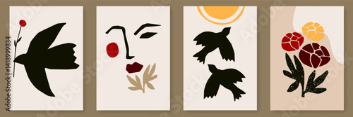 Mid Century Modern Posters Set. Wall Art Abstract Shapes Decorative Template. Vector Creative Design. Aesthetic Floral Card in Scandinavian Style. 