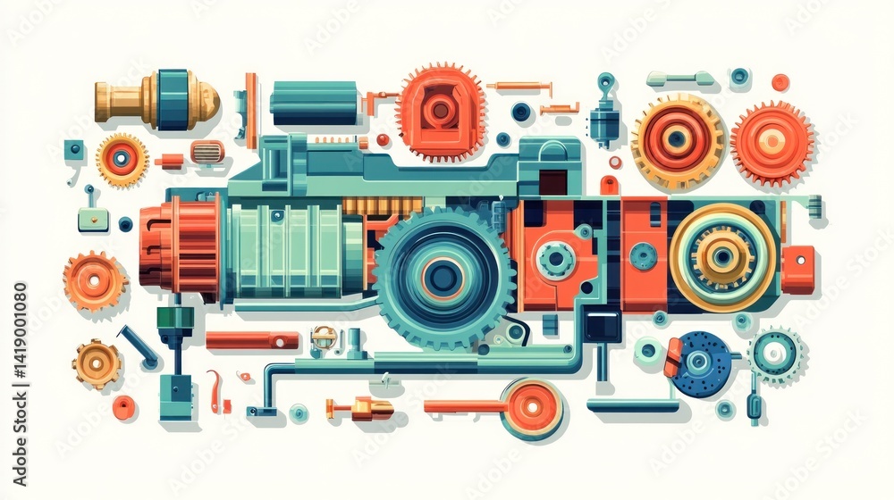 Exploded view of a complex machine with various gears, wheels, and components. Exploded view of a complex machine with various gears, wheels, and components.