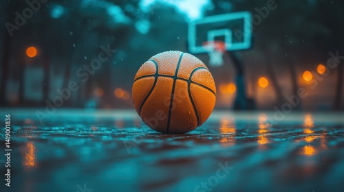 Close up of basketball swishing through hoop with dramatic lighting on dark background