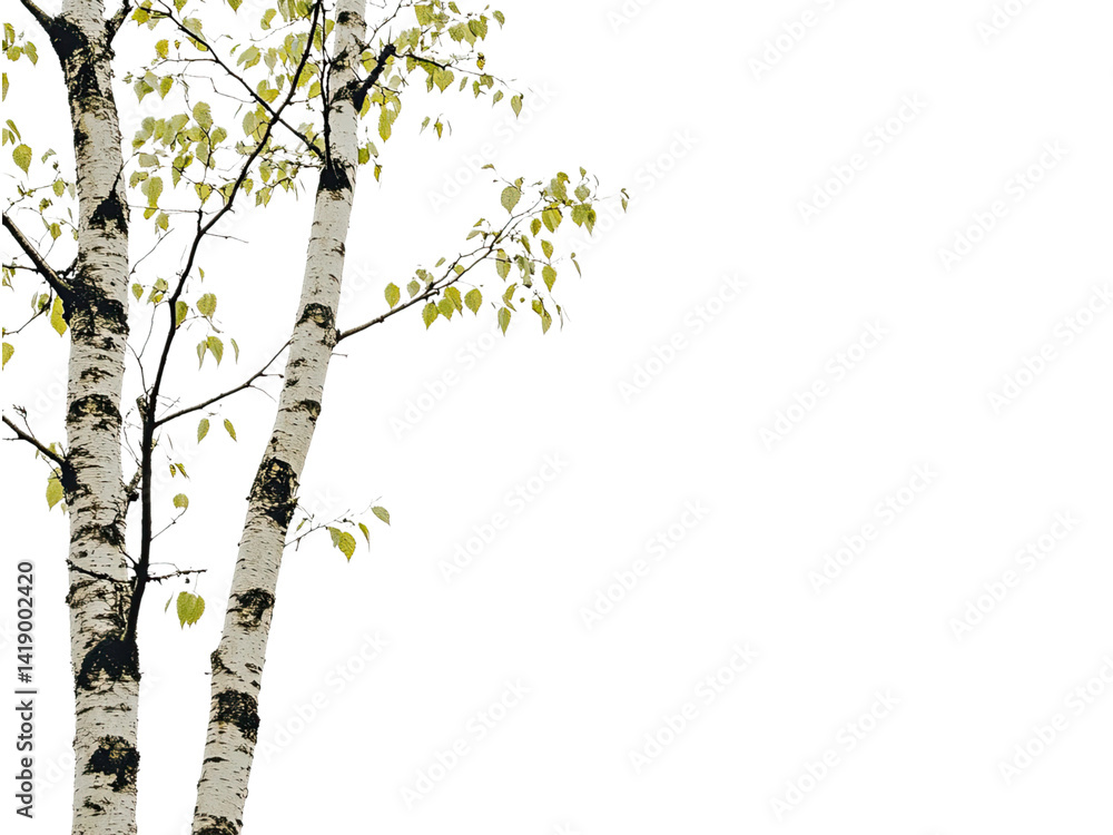 Fototapeta premium Two Birch Trees in Springtime Emerging New Life Against Dark Background