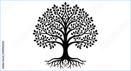 Black Silhouette Tree With Roots And Leaves Vector Illustration Isolated