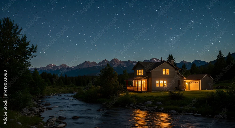 Fototapeta premium Cozy home by river under starry sky, peaceful mountain getaway at night