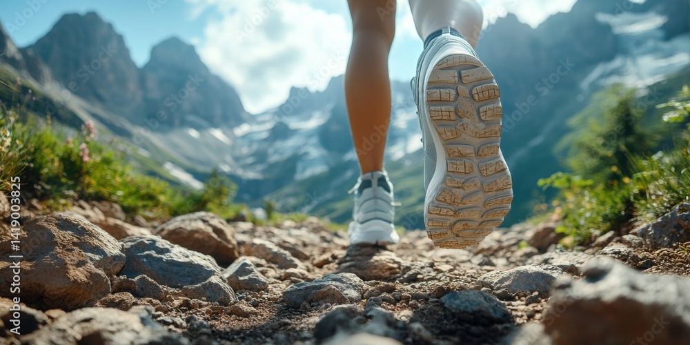 Close-up of a woman's legs in running shoes walking on a mountain trail, with a panoramic view of mountains and a natural background.