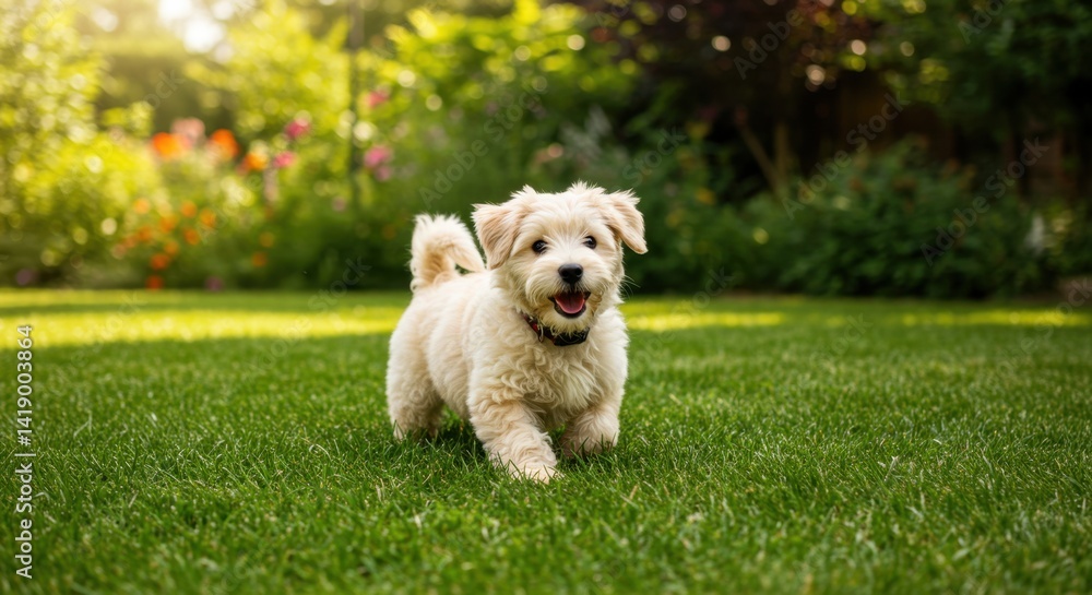 Happy Fluffy White Puppy Running on Green Grass Happy Fluffy White Puppy Running on Green Grass