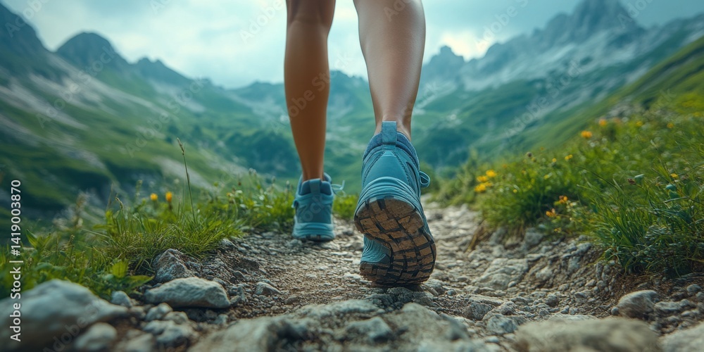 Close-up of a woman's legs in running shoes walking on a mountain trail, with a panoramic view of mountains and a natural background.