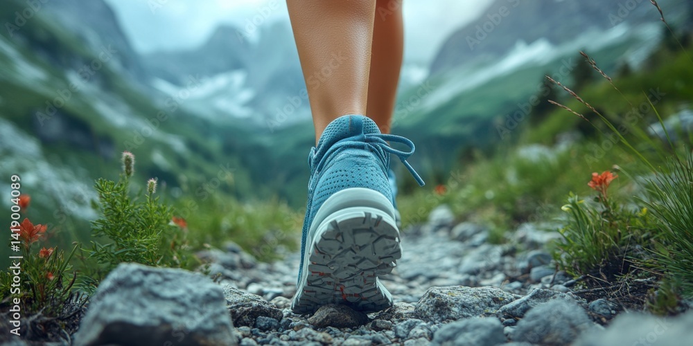 Close-up of a woman's legs in running shoes walking on a mountain trail, with a panoramic view of mountains and a natural background.
