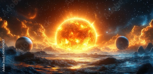 Hyper-realistic solar system illustration with glowing sun vibrant cosmic colors planets in orbit detailed textures dynamic perspective deep space stars