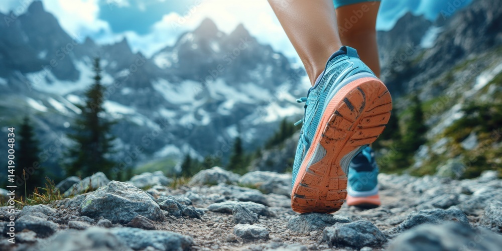 Close-up of a woman's legs in running shoes walking on a mountain trail, with a panoramic view of mountains and a natural background.