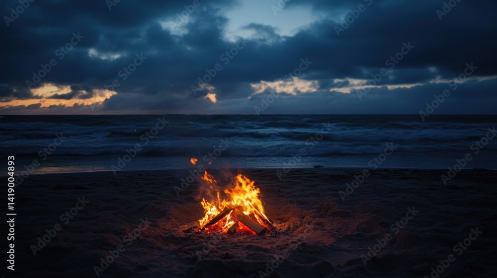 Beach Bonfire at Dusk: A Serene Coastal Scene Beach Bonfire at Dusk: A Serene Coastal Scene