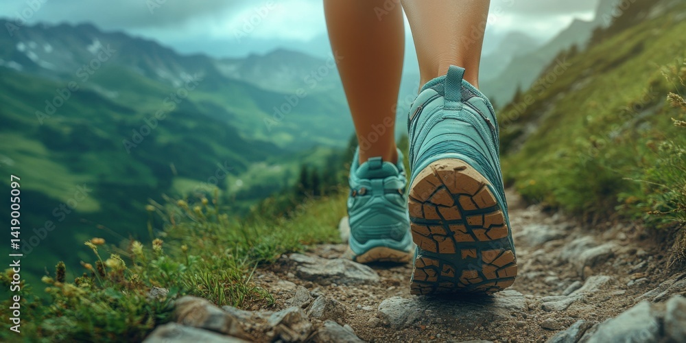 Close-up of a woman's legs in running shoes walking on a mountain trail, with a panoramic view of mountains and a natural background.