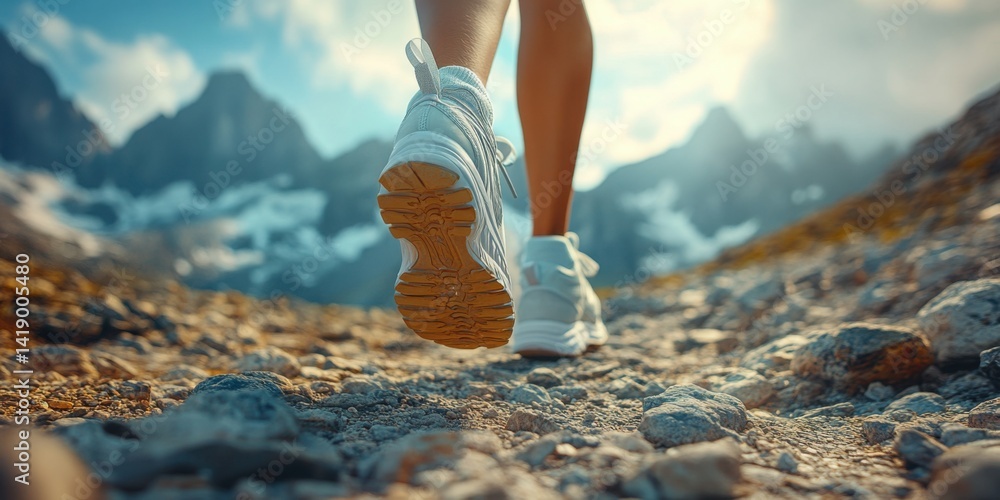 Close-up of a woman's legs in running shoes walking on a mountain trail, with a panoramic view of mountains and a natural background.