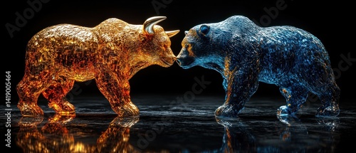 Minimalist metallic bull and bear sculpture facing off with dramatic lighting in dark studio financial market concept