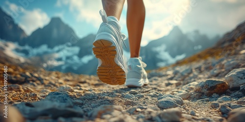 Obraz na płótnie Close-up of a woman's legs in running shoes walking on a mountain trail, with a panoramic view of mountains and a natural background. w salonie