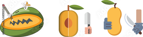 Vector illustration of cute sliced mango fruit education or character holding pencil. Sliced mango with Knife.Cute mango fruit Concept White Isolated. Flat Cartoon Style Suitable for Landing Page, Ban