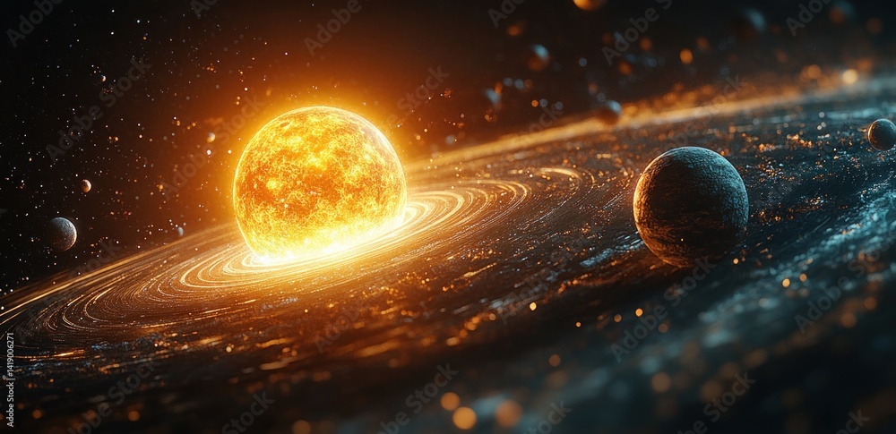 Solar system illustration with planets orbiting sun in deep space cosmic background