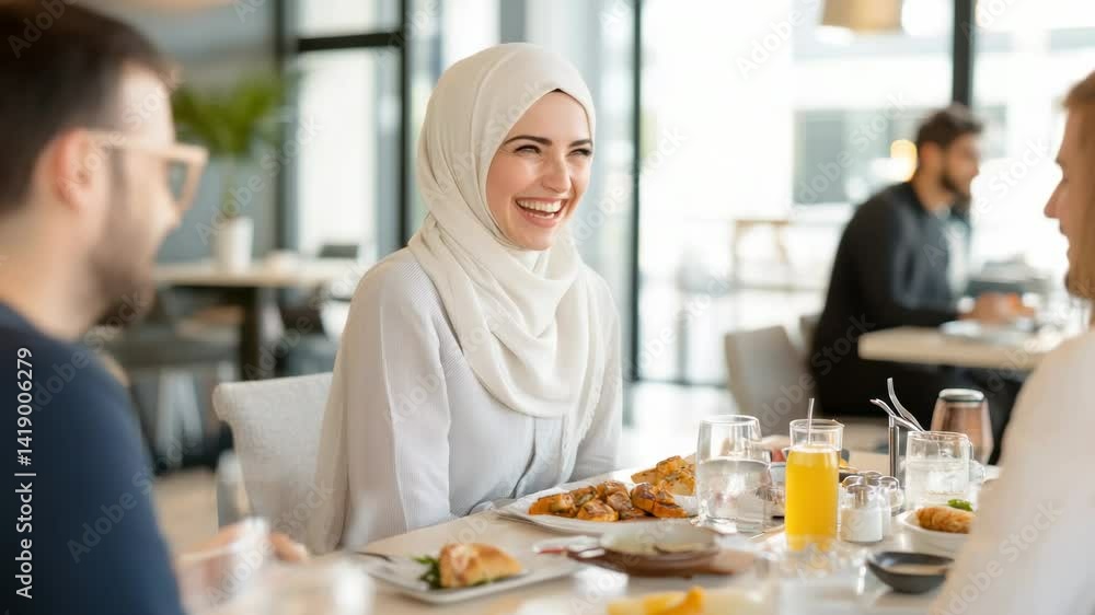 Joyful dinner conversation with young diverse friends in modern cafe setting Joyful dinner conversation with young diverse friends in modern cafe setting