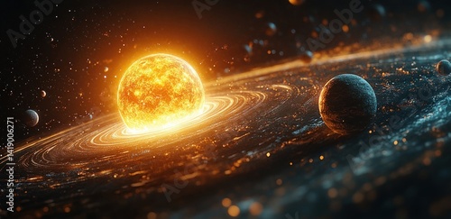 Obraz na płótnie Solar system illustration with planets orbiting sun in deep space cosmic background w salonie
