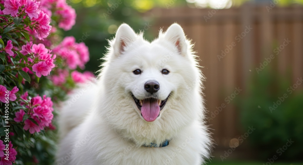 Happy Samoyed Dog in a Garden with Pink Roses Happy Samoyed Dog in a Garden with Pink Roses