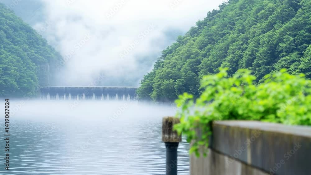 Misty river landscape with verdant trees and concrete structure Misty river landscape with verdant trees and concrete structure