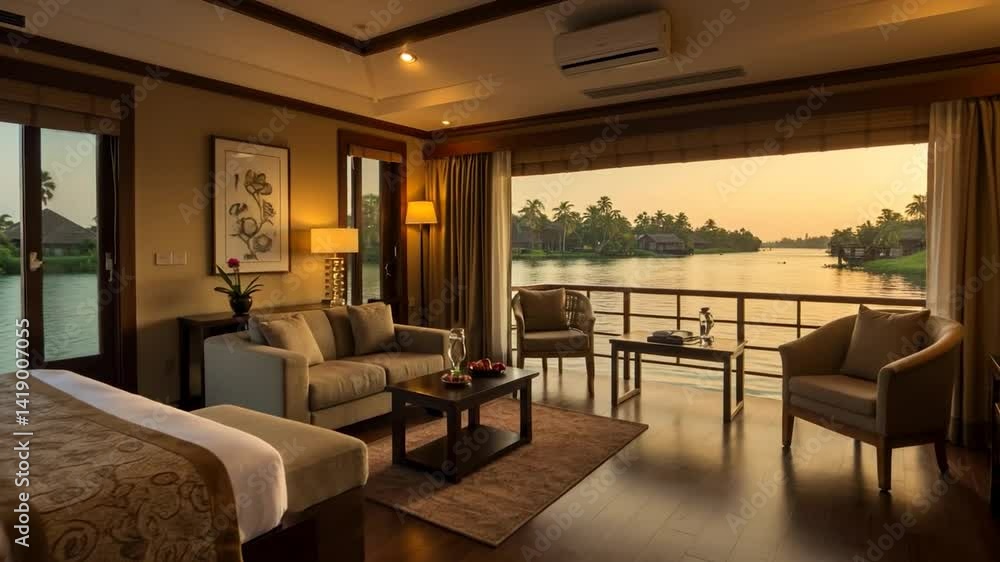 Beautiful riverside hotel room with sunset view and elegant interior design Beautiful riverside hotel room with sunset view and elegant interior design