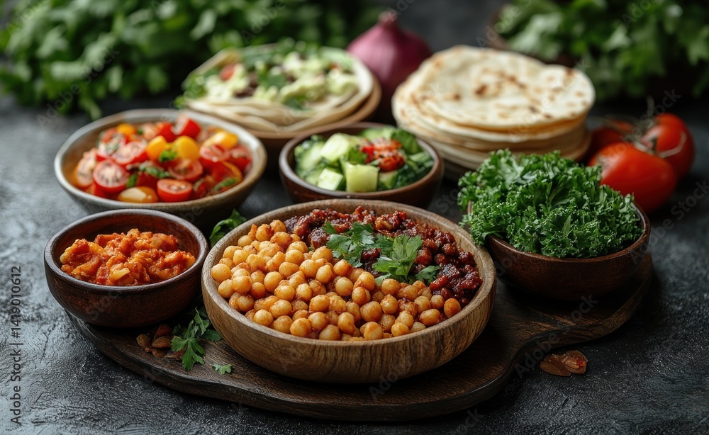 Top view of diverse Asian food bowls with noodles rice curry vegetables and sauces on dark rustic table Top view of diverse Asian food bowls with noodles rice curry vegetables and sauces on dark rustic table