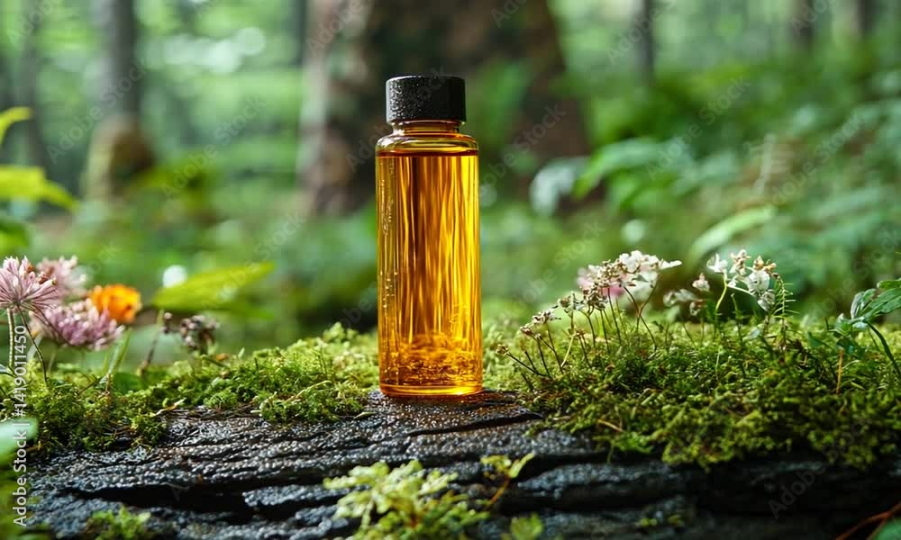 Glass bottle filled with amber liquid surrounded by vibrant forest foliage and flowers Glass bottle filled with amber liquid surrounded by vibrant forest foliage and flowers