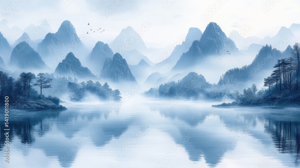 Serene Chinese Ink Wash Landscape with Misty Mountains and Tranquil River Serene Chinese Ink Wash Landscape with Misty Mountains and Tranquil River