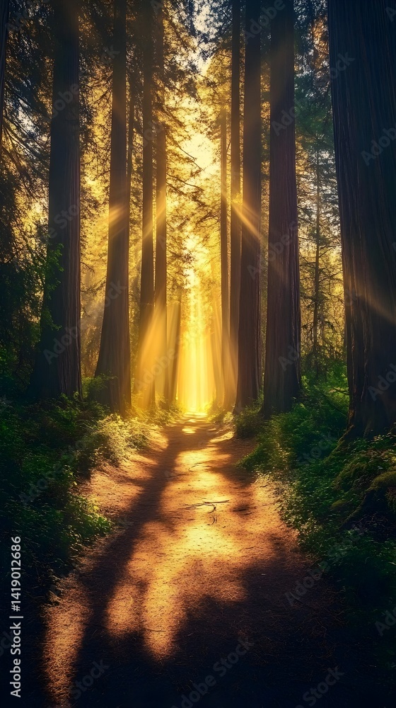 Obraz premium Stunning Redwood Forest Scene with Magical Sunbeams Illuminating the Path