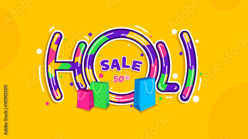 Colorful Holi festival sale banner with shopping bags, bright splashes, and text "Holi Sale 50%" on yellow background. Perfect for seasonal promotions and festive discounts