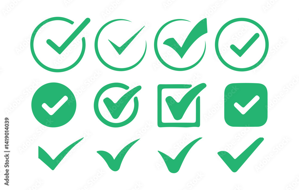 Green check mark icon set, approval check icon, Check box icon with correct, accept checkmark icons tick box checked. Vector Illustration Green check mark icon set, approval check icon, Check box icon with correct, accept checkmark icons tick box checked. Vector Illustration