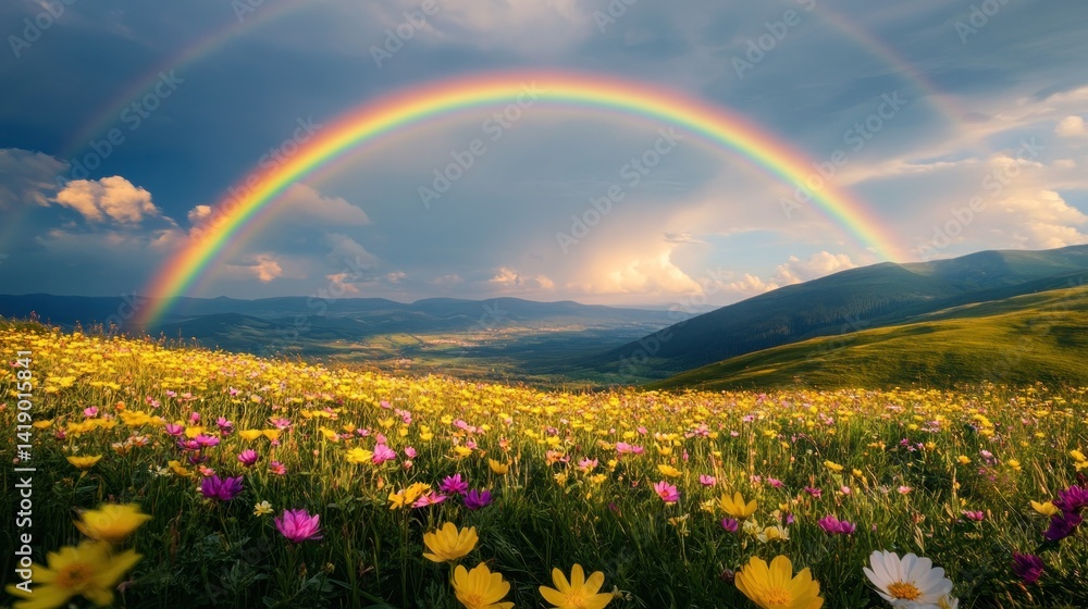 Naklejka premium Rainbow over a Vibrant Wildflower Meadow in the Mountains