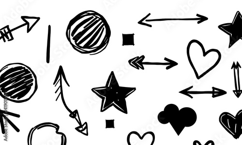 collection of hand drawn doodles featuring various shapes such as circles, stars, hearts, and arrows, showcasing playful and artistic style. black and white design adds whimsical touch