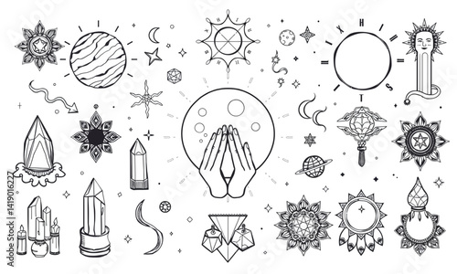 collection of mystical and celestial illustrations featuring hands holding moon, crystals, planets, stars, and various geometric shapes, evoking sense of wonder and spirituality