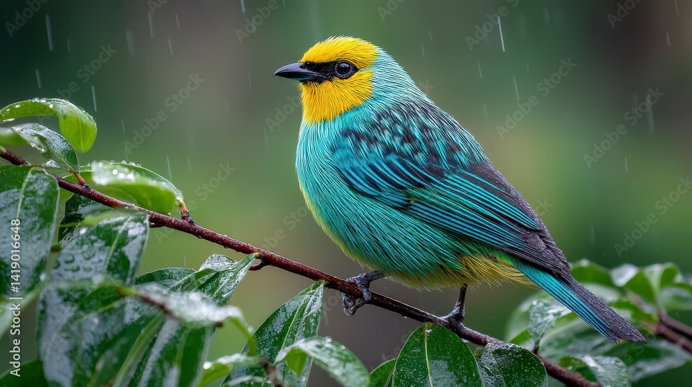 Obraz premium Blue And Yellow Bird In Rainforest Rain