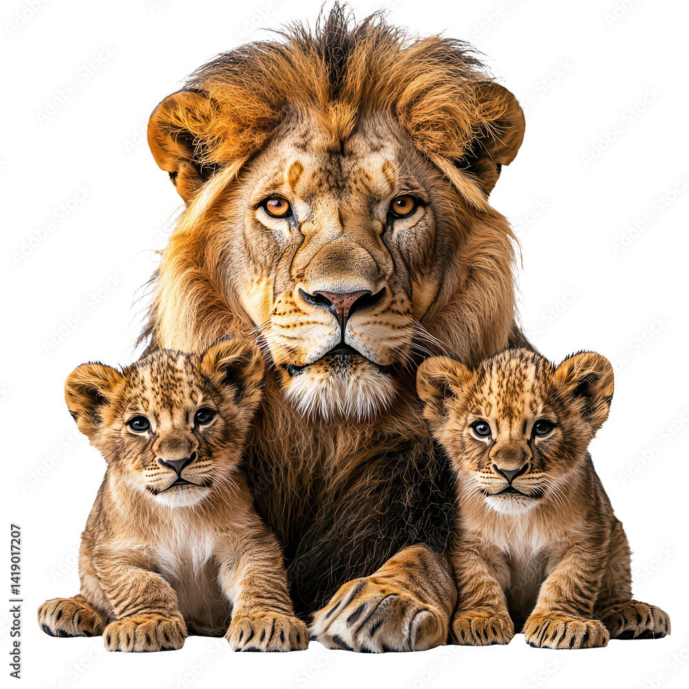 Fototapeta premium Heartwarming lion and two cubs png dynamic majestic wildlife family png elegant natural animal portrait png refined detailed lion pride png transparent background image