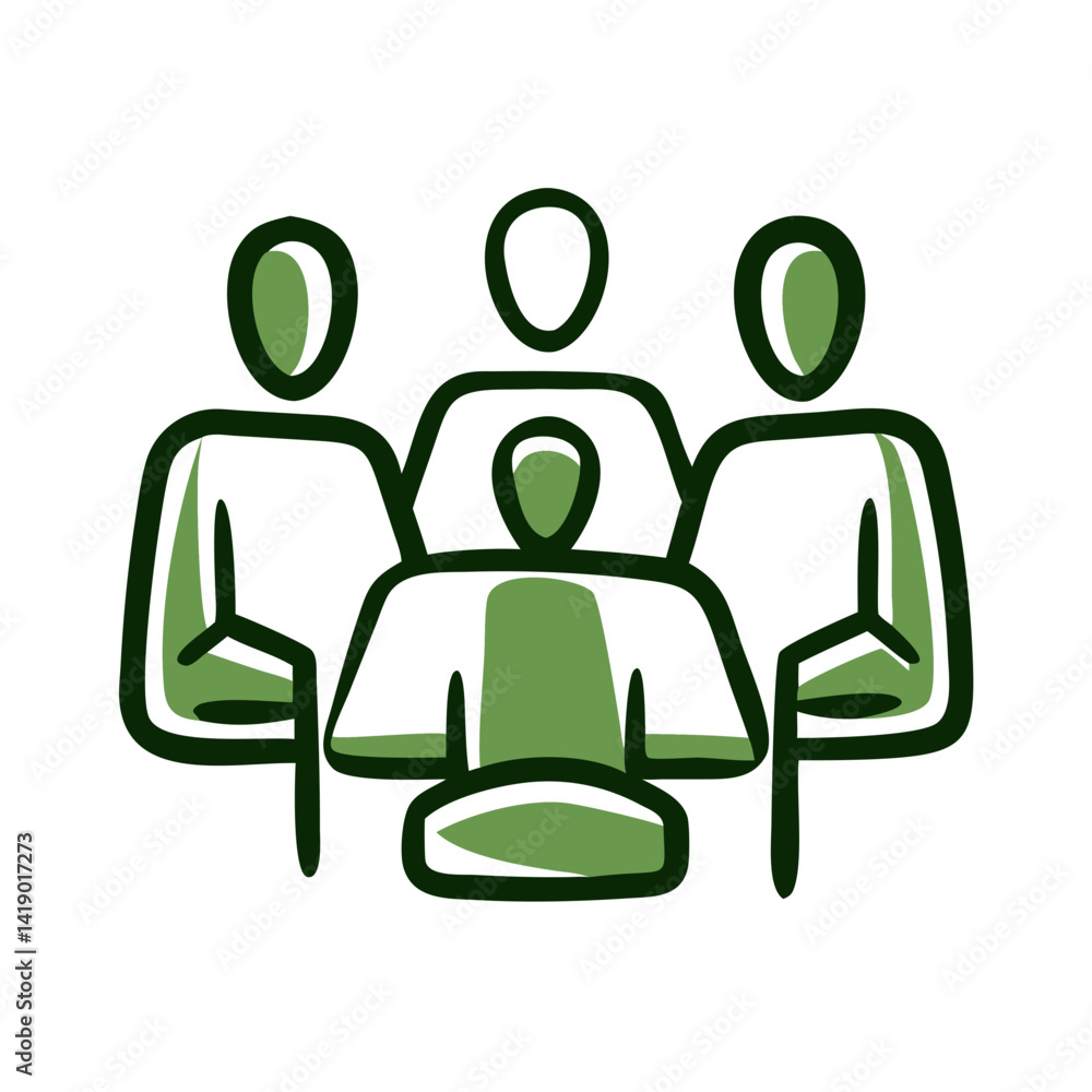 Fototapeta premium Group of four stylized figures sitting at a meeting table, discussing ideas and collaboration