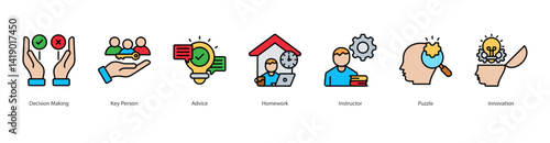 Decision Process icon sheet vector decision making, key person, advice, homework, instructor, puzzle, innovation