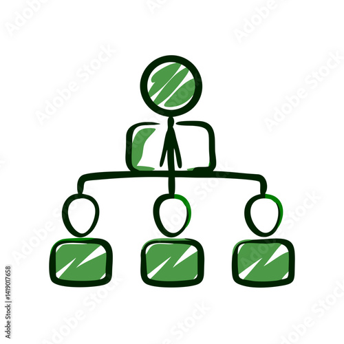 Organizational chart illustration depicting a central figure with branches leading to subordinate figures, representing hierarchy and structure