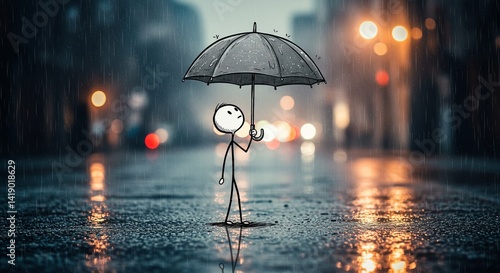 Stick Figure in Rain with Umbrella