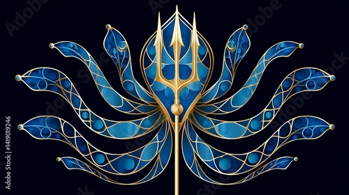 Elegant Gold Trident with Blue Serpent Design Mythical Aquatic Creature Ocean Sea Fantasy Art