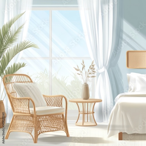 Sunlit bedroom with rattan chair  side table  and sheer curtains.