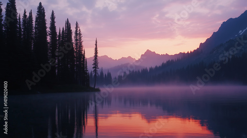 Wallpaper Mural A dreamy mountain lake at dawn, with mist rising over still waters and dense pine trees silhouetted against the pastel sunrise sky. Torontodigital.ca